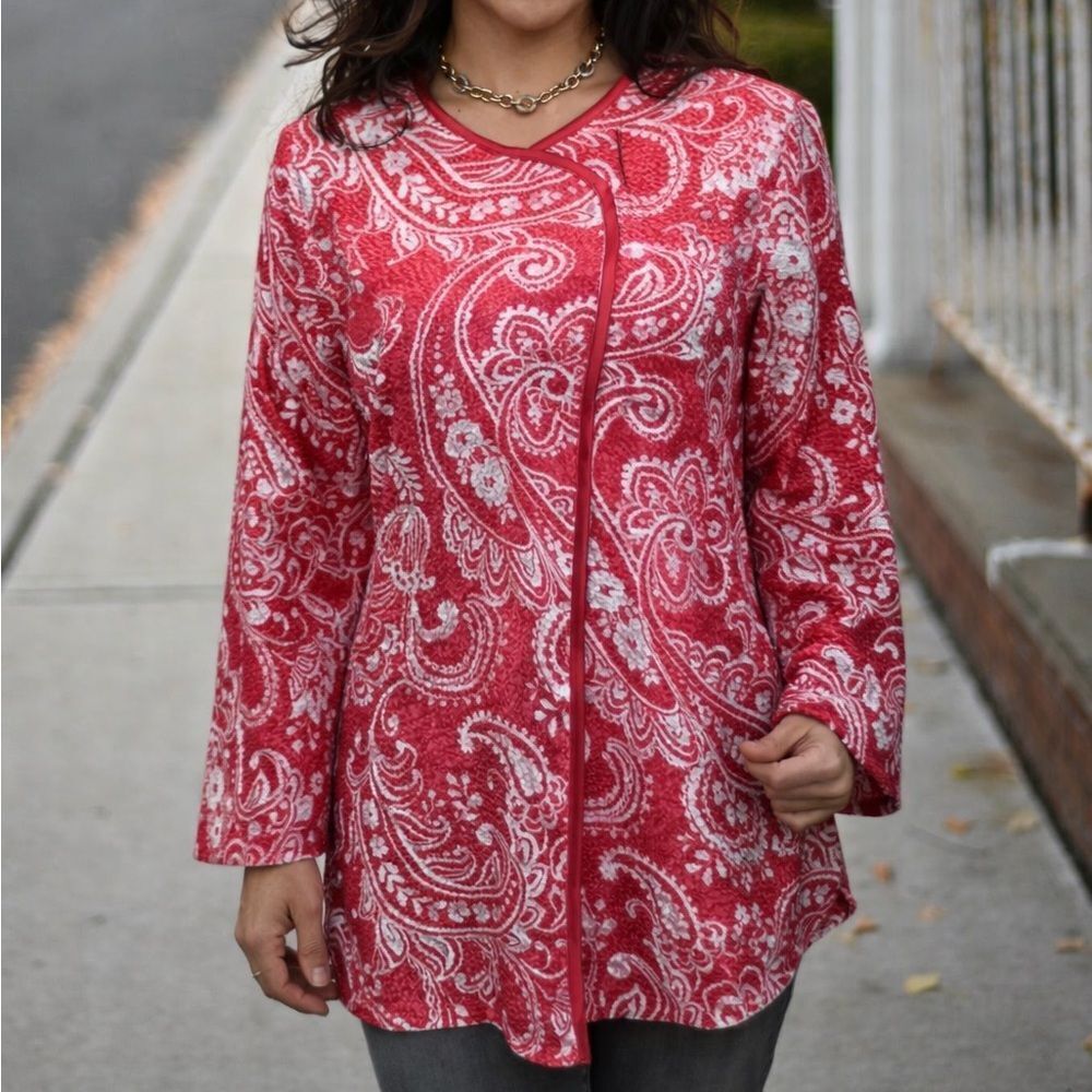 TanJay Pink & White Paisley Printed Crepe Cover Top Tunic Size Small Lightweight